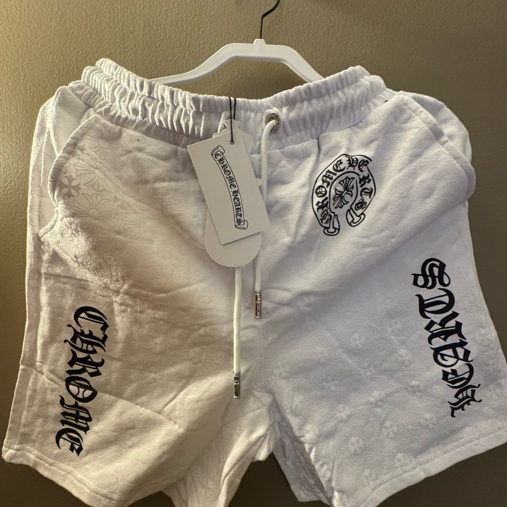 Brand new Chrome Hearts White Athletic Shorts with Black Graphics